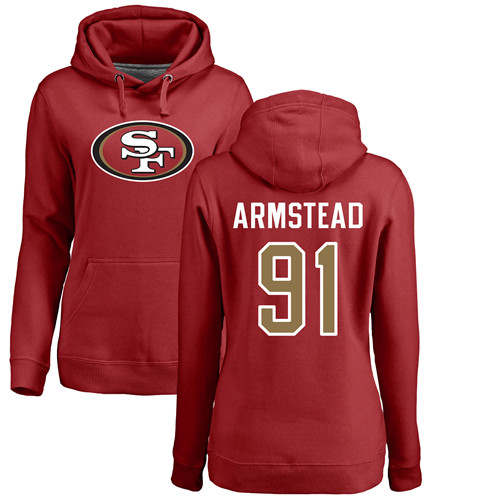 San Francisco 49ers Red Women Arik Armstead Name and Number Logo #91 Pullover NFL Hoodie Sweatshirts->san francisco 49ers->NFL Jersey